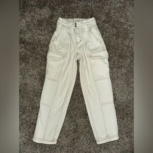 Cream Elastic Waist Cargo Pants